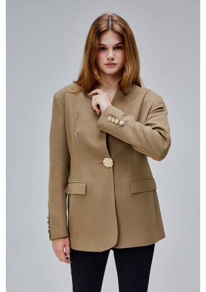 Koyu Haki Salaş Kesim Düğme Detaylı Dokuma Blazer Ceket