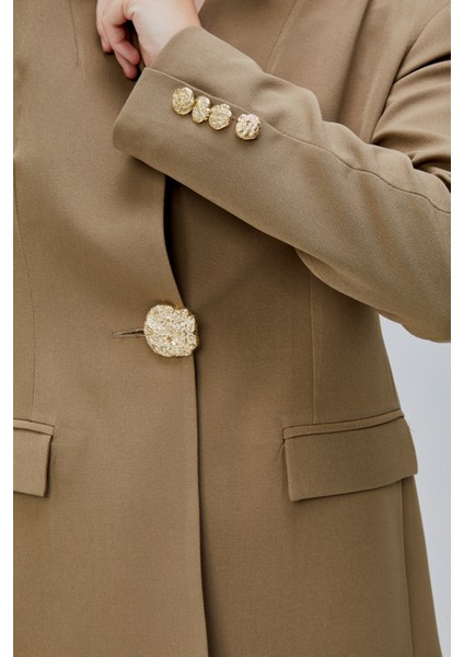 Koyu Haki Salaş Kesim Düğme Detaylı Dokuma Blazer Ceket