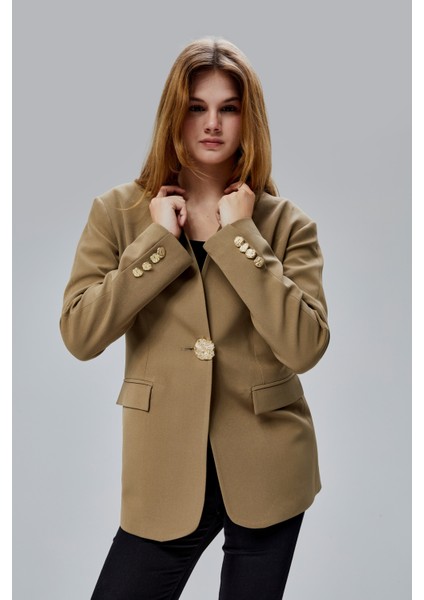 Koyu Haki Salaş Kesim Düğme Detaylı Dokuma Blazer Ceket