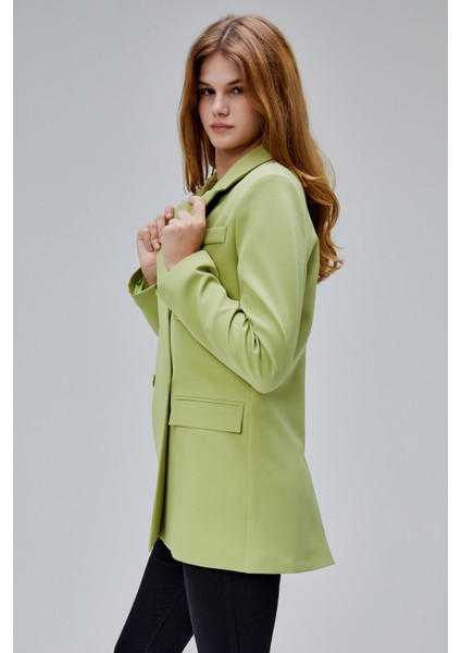 Açık Haki Regular Astarlı Kruvaze Kapama Dokuma Oversize Blazer Ceket