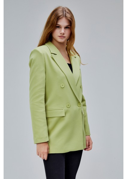 Açık Haki Regular Astarlı Kruvaze Kapama Dokuma Oversize Blazer Ceket