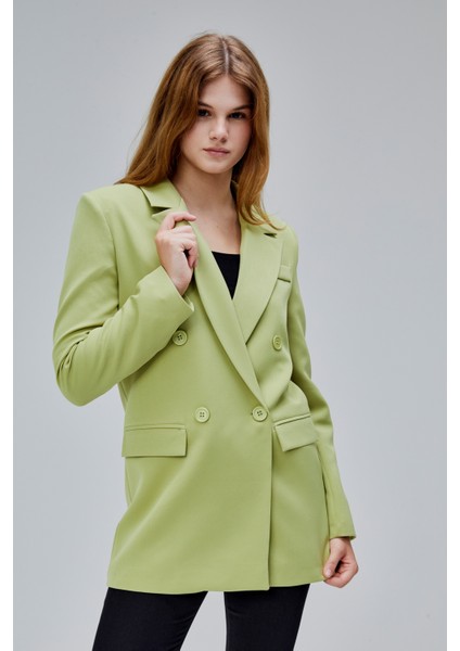 Açık Haki Regular Astarlı Kruvaze Kapama Dokuma Oversize Blazer Ceket