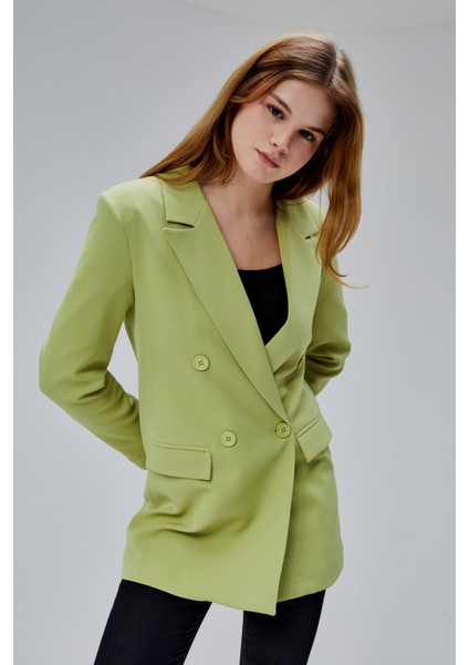 Açık Haki Regular Astarlı Kruvaze Kapama Dokuma Oversize Blazer Ceket