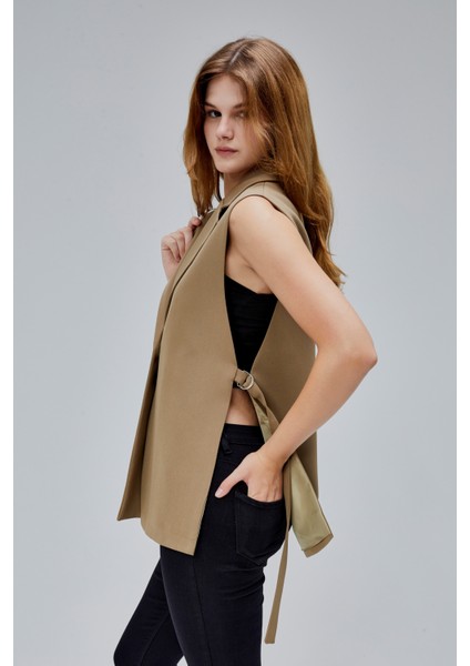 Kadın Koyu Haki Regular Astarlı Dokuma Yelek