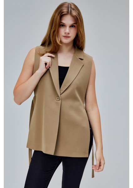 Kadın Koyu Haki Regular Astarlı Dokuma Yelek