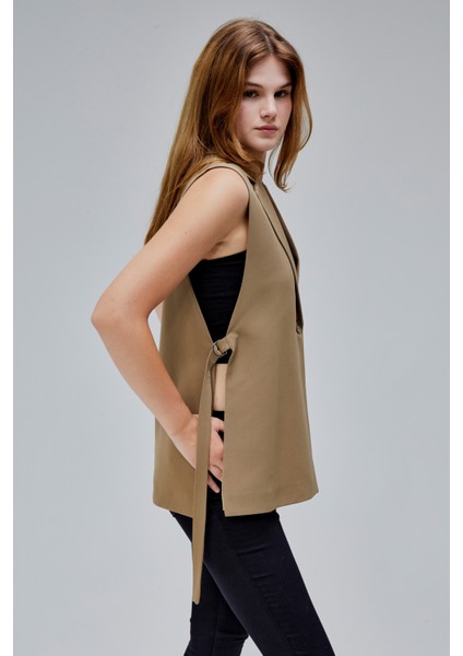 Kadın Koyu Haki Regular Astarlı Dokuma Yelek