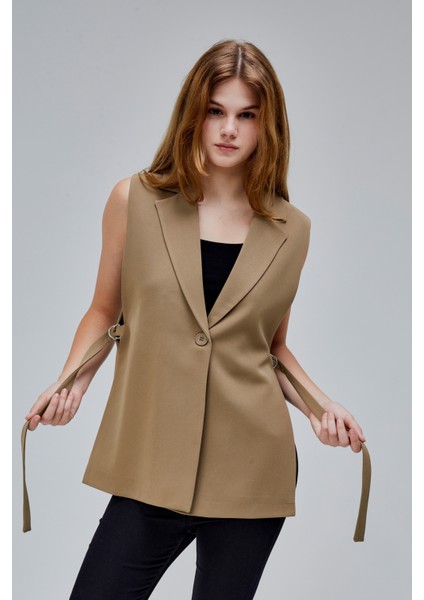 Kadın Koyu Haki Regular Astarlı Dokuma Yelek