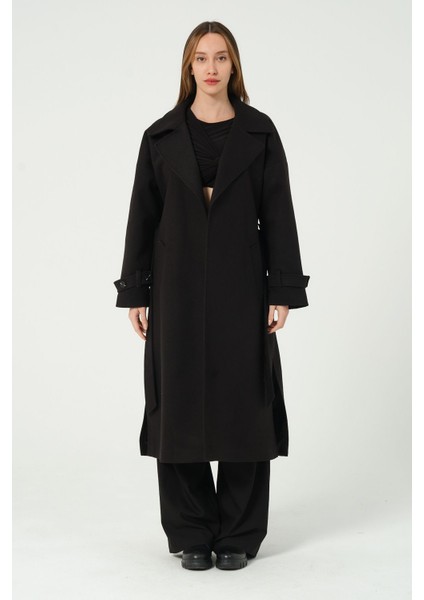 Siyah Kuşaklı Uzun Oversize Yünlü Kaşe Kaban