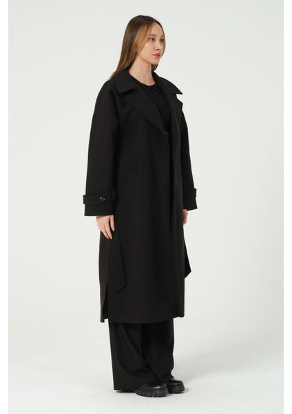 Siyah Kuşaklı Uzun Oversize Yünlü Kaşe Kaban