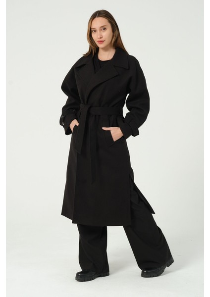 Siyah Kuşaklı Uzun Oversize Yünlü Kaşe Kaban