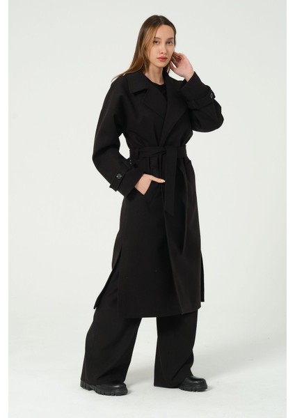 Siyah Kuşaklı Uzun Oversize Yünlü Kaşe Kaban