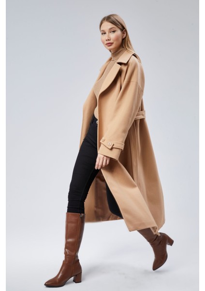 Camel Kuşaklı Uzun Oversize Yünlü Kaşe Kaban