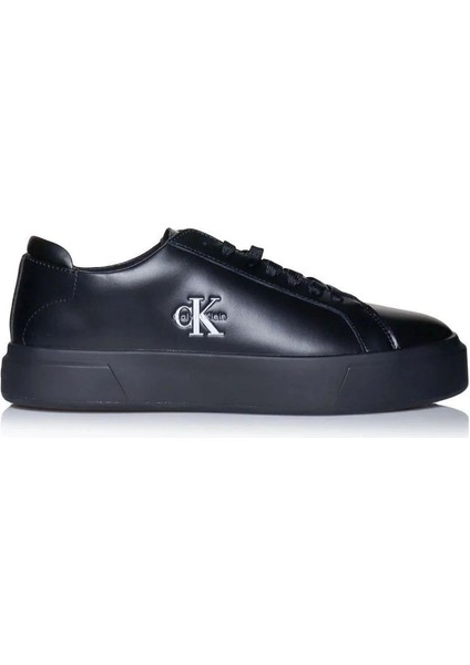 Basketbol Stili Düz Tabanlı Bağcıklı Deri Monogramlı Erkek Siyah Sneaker YM0YM01460-0GJ