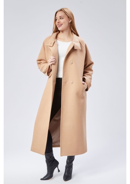 Bej Dik Yaka Oversize Uzun Yünlü Kaşe Kaban