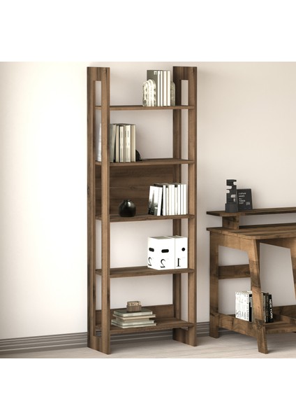 Country Dekoratif 5 Raflı Ev-ofis Kitaplık, Modern Kütüphane, Antik Ceviz