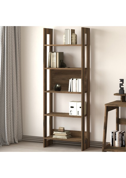 Country Dekoratif 5 Raflı Ev-ofis Kitaplık, Modern Kütüphane, Antik Ceviz modelleri