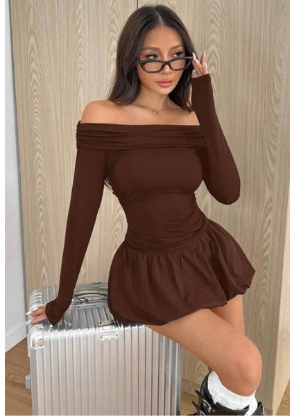 Kadın Madonna Yaka Balon Etek Mini Elbise Sonbahar