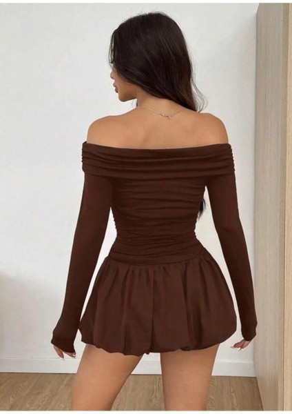 Kadın Madonna Yaka Balon Etek Mini Elbise Sonbahar modelleri