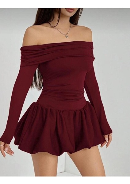 Kadın Madonna Yaka Balon Etek Mini Elbise Sonbahar