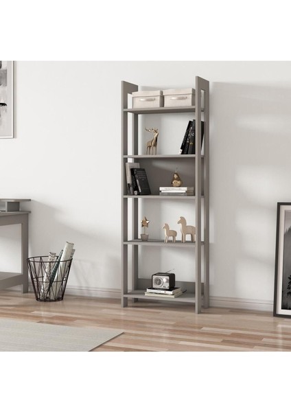 Country Dekoratif 5 Raflı Ev-ofis Kitaplık, Modern Kütüphane, Gri