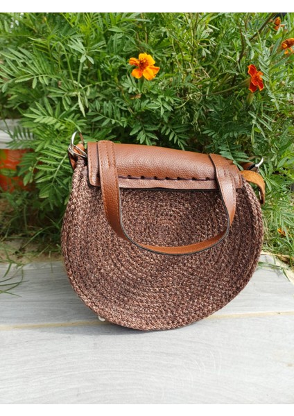 El Yapımı Hasır Örgü Yuvarlak Çanta, Taba Rengi Deri Kapaklı Omuz Çantası fiyatları