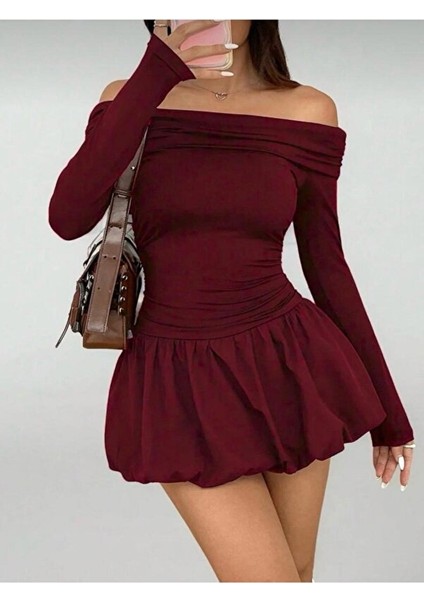 Kadın Madonna Yaka Balon Etek Mini Elbise Sonbahar modelleri