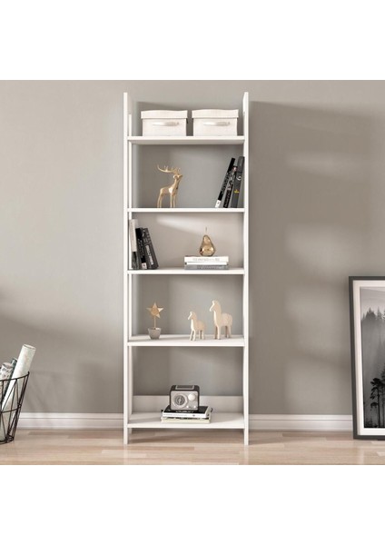 Country Dekoratif 5 Raflı Ev-ofis Kitaplık, Modern Kütüphane, Beyaz