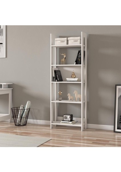 Country Dekoratif 5 Raflı Ev-ofis Kitaplık, Modern Kütüphane, Beyaz