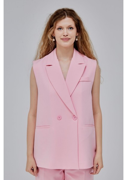 Pembe Oversize Kruvaze Yaka Astarlı Yelek