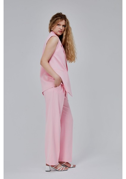 Pembe Oversize Kruvaze Yaka Astarlı Yelek