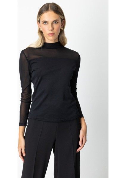 Kadın Dik Yaka Tül Mixli Bluz 60383 Siyah