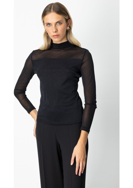 Kadın Dik Yaka Tül Mixli Bluz 60383 Siyah fiyatları