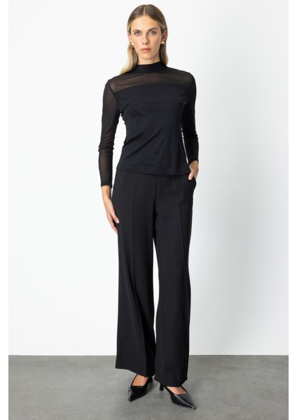 Kadın Dik Yaka Tül Mixli Bluz 60383 Siyah modelleri