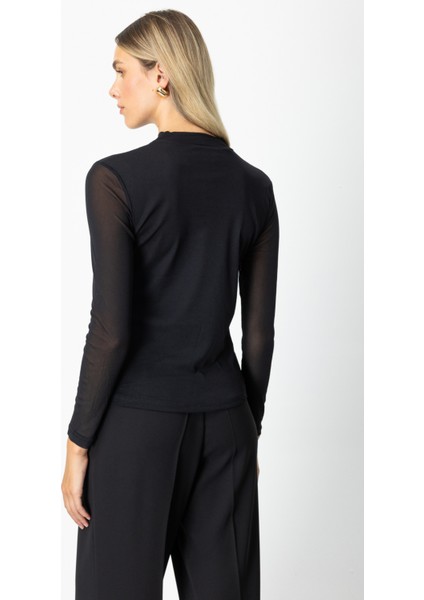 Kadın Dik Yaka Tül Mixli Bluz 60383 Siyah fırsatları