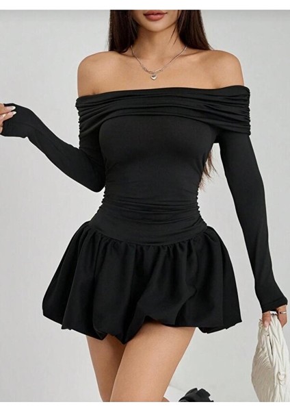 Kadın Madonna Yaka Balon Etek Mini Elbise Sonbahar modelleri