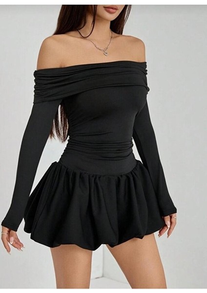 Kadın Madonna Yaka Balon Etek Mini Elbise Sonbahar fırsatları