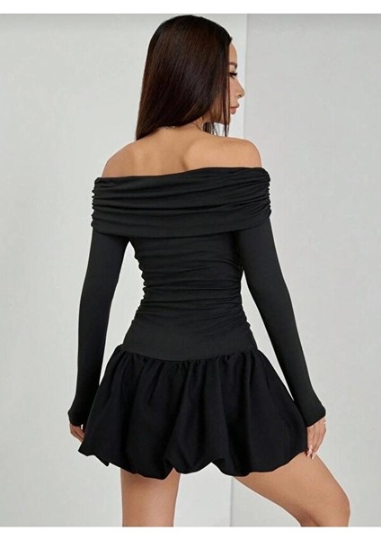 Kadın Madonna Yaka Balon Etek Mini Elbise Sonbahar
