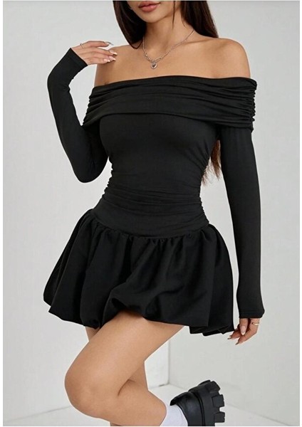 Kadın Madonna Yaka Balon Etek Mini Elbise Sonbahar