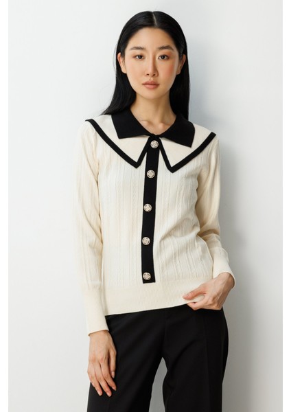 Kadın Çift Yaka Düğme Detaylı Triko Kazak 66460 Krem