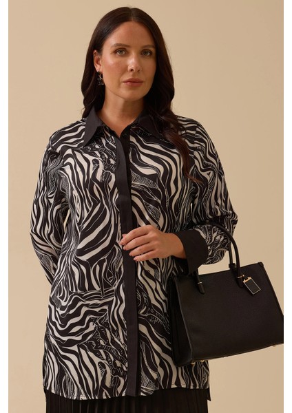 Kadın Büyük Beden Zebra Desenli Gömlek Tunik 4011 Siyah