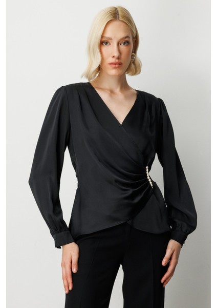 Kadın Kruvaze Yaka Inci Detaylı Bluz 3009 Siyah