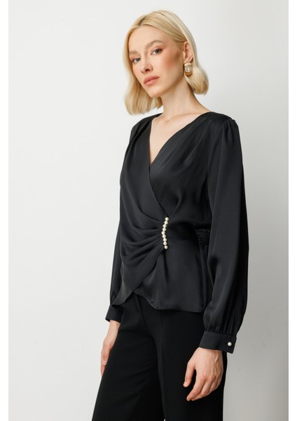Kadın Kruvaze Yaka Inci Detaylı Bluz 3009 Siyah fiyatları