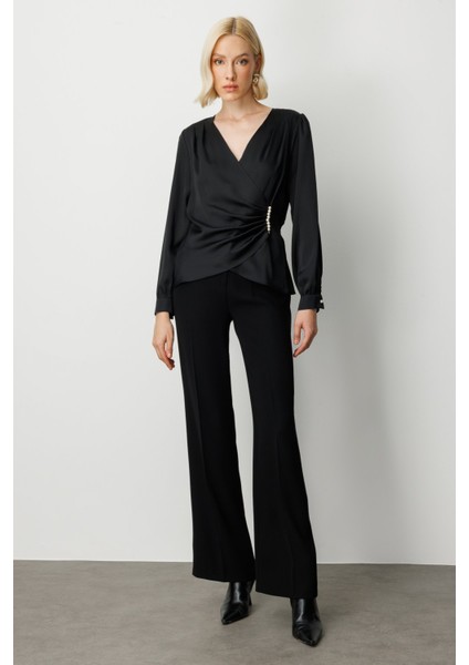 Kadın Kruvaze Yaka Inci Detaylı Bluz 3009 Siyah modelleri