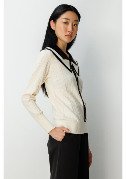 Kadın Çift Yaka Düğme Detaylı Triko Kazak 66460 Krem fiyatları