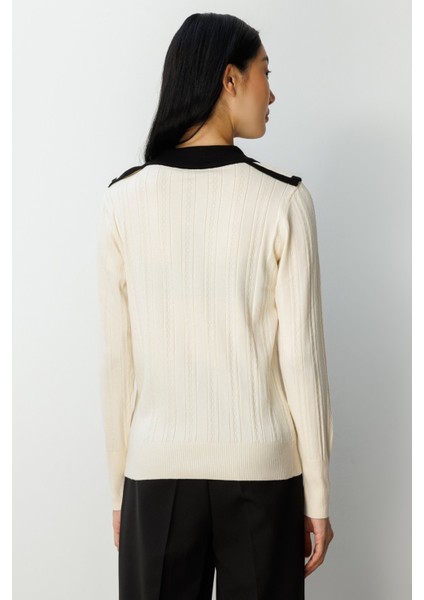 Kadın Çift Yaka Düğme Detaylı Triko Kazak 66460 Krem fırsatları