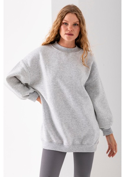 Kadın Karmelanj Üç İplik Pamuklu Ribanalı Bisiklet Yaka Oversize Sweatshirt - 2523