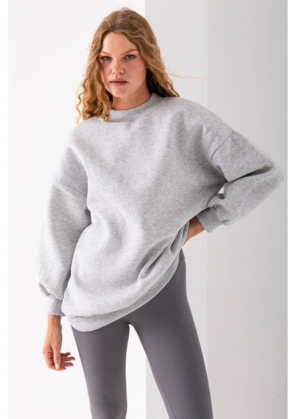 Kadın Karmelanj Üç İplik Pamuklu Ribanalı Bisiklet Yaka Oversize Sweatshirt - 2523 indirimleri