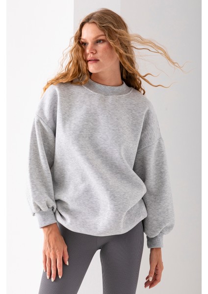 Kadın Karmelanj Üç İplik Pamuklu Ribanalı Bisiklet Yaka Oversize Sweatshirt - 2523