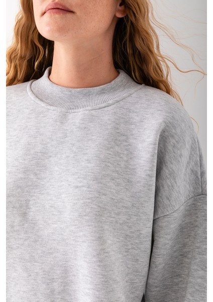 Kadın Karmelanj Üç İplik Pamuklu Ribanalı Bisiklet Yaka Oversize Sweatshirt - 2523