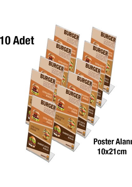 10 Adet 1/3 A4 (10X21) Masaüstü L Tipi Dikey Föylük - Masaüstü Menü ve Bilgi Standı-Şeffaf Broşürlük